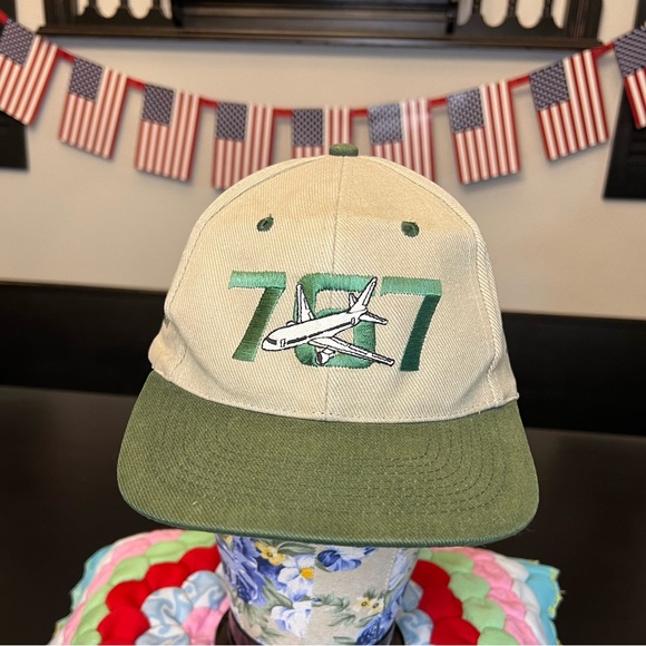Vintage KC 767th Delivery Boeing Airplane Embroidery Snap Back Hat Tan Green - Picture 1 of 11